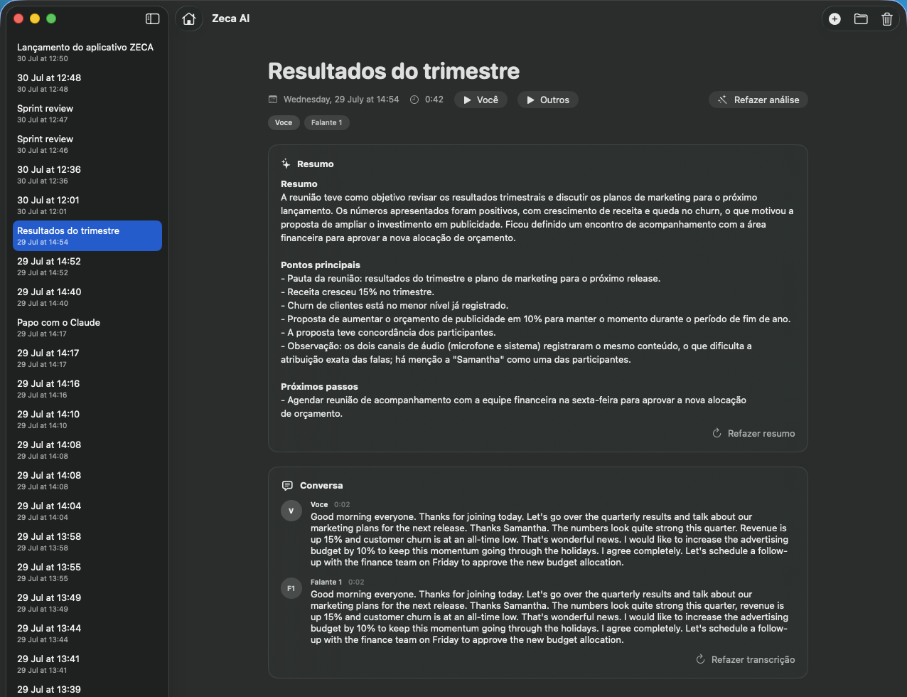 Tela de detalhes de uma reunião no Zeca, com resumo e conversa transcrita por falante