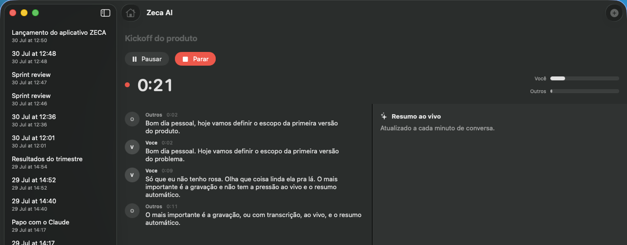 Tela de gravação ao vivo com cronômetro, medidores de fala e transcrição em tempo real
